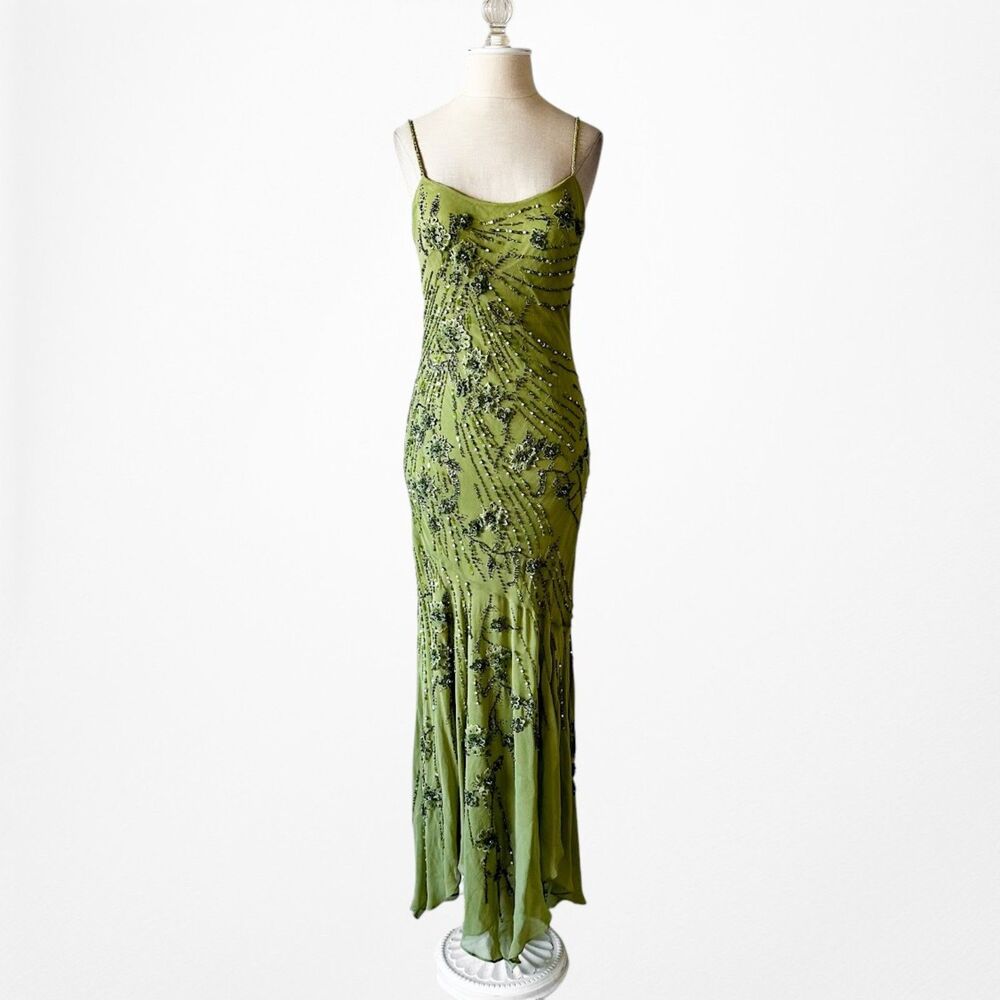 Vintage Y2K Olive Green Floral Beaded Bodycon Prom Shawl Dress Size S - Picture 7 of 17